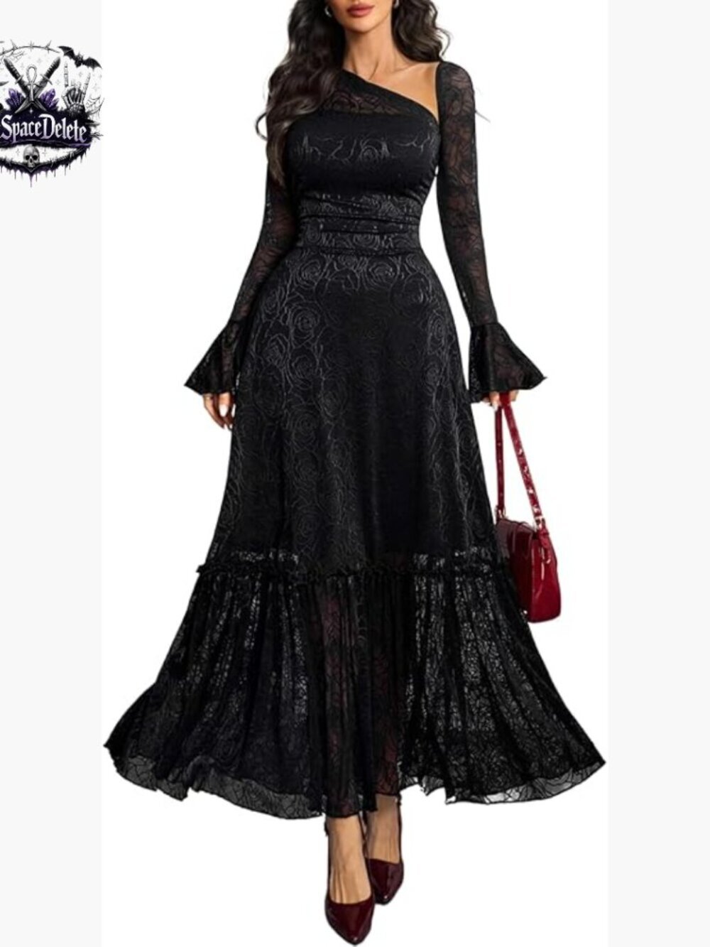 Maxi Dress One Shoulder Lace Long Sleeve Formal Party Date Night
